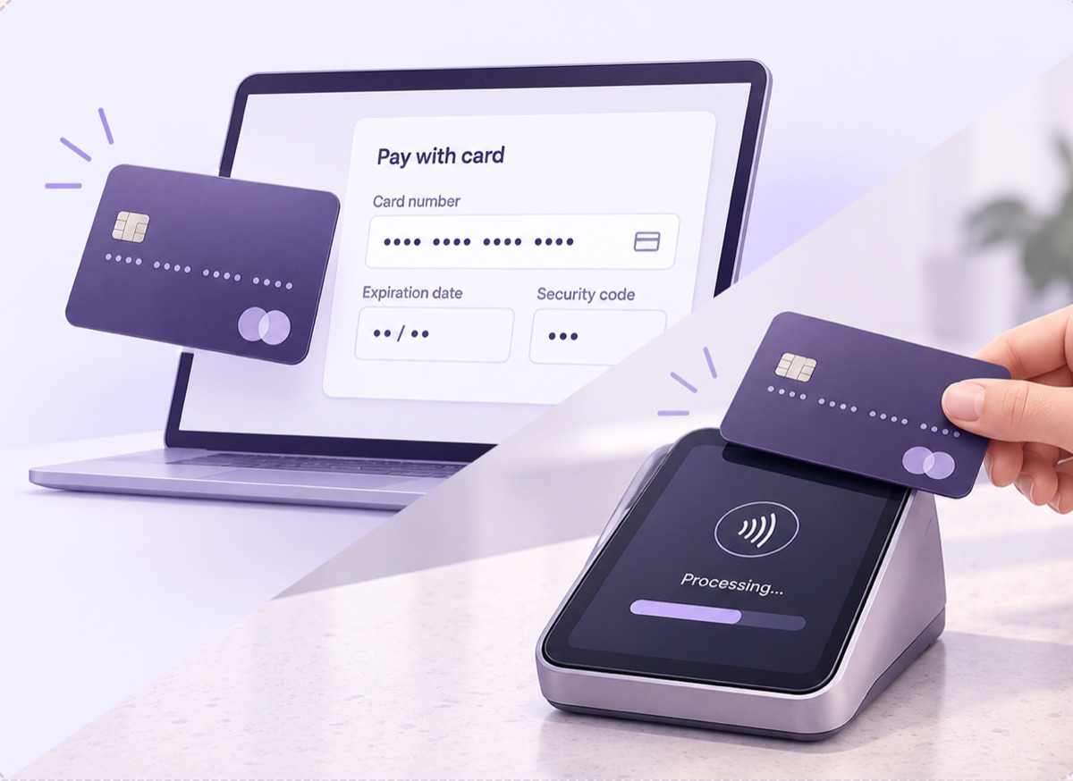 A card keyed into a payment form on a laptop, and a card tapped on a countertop reader